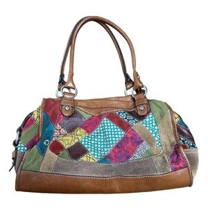 Y2K Vintage Fossil Patchwork Shoulder Bag leather and canvas Multi Color